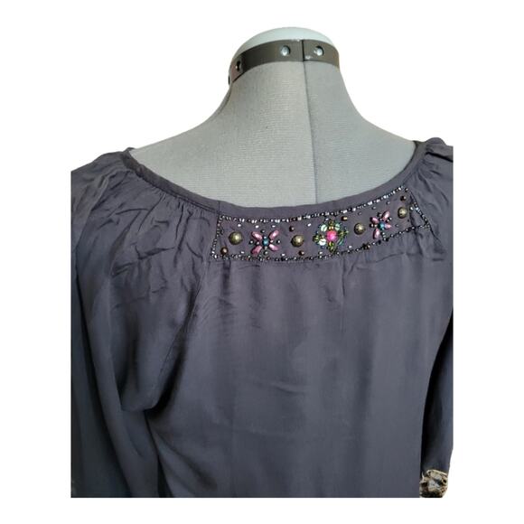 Krista Lee Embroidered Beaded Tunic Dress Size Medium Gray Floral - Picture 2 of 6